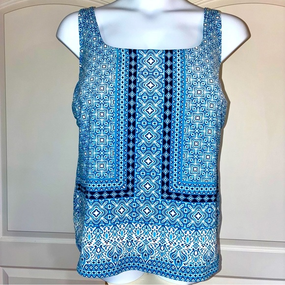 Lands' End Women's Square Neck Tankini UPF 50 Underwire Blue Geo Print 26W - Picture 1 of 5